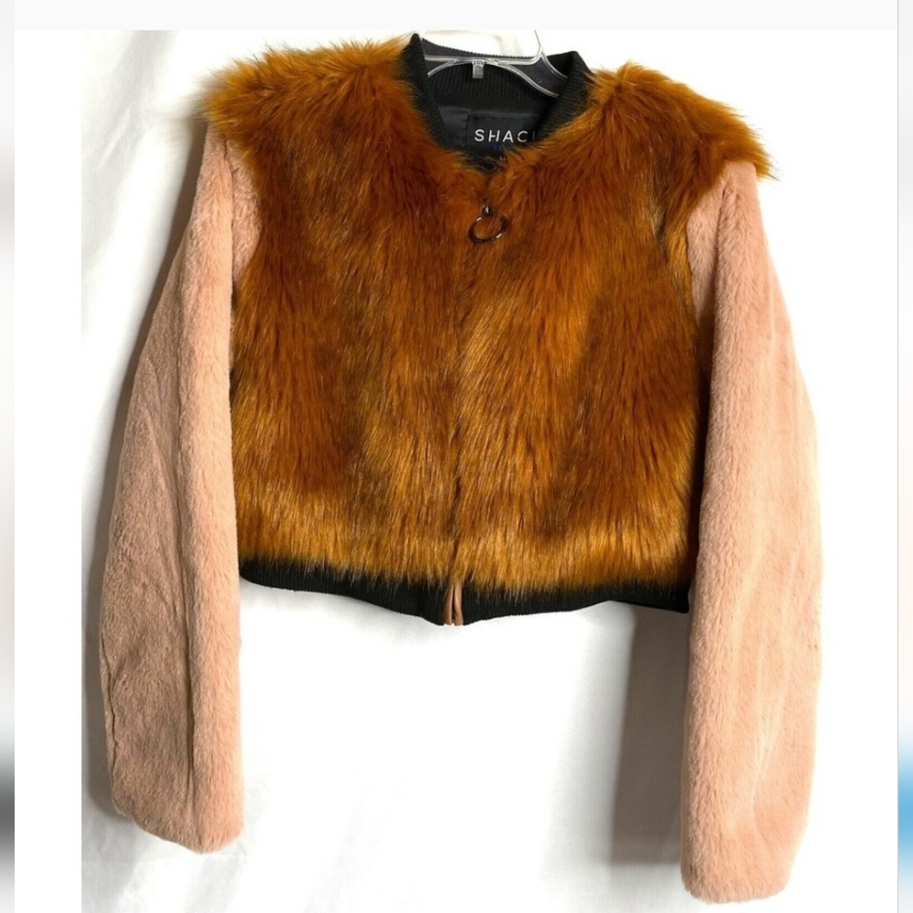 SHACI FAUX FUR PINK SLEEVE RUST FUR BASEBALL JACKET.SIZE SMALL BRAND NEW.